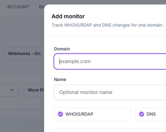 Add monitor panel showing the domain, optional name, WHOIS/RDAP, and DNS controls