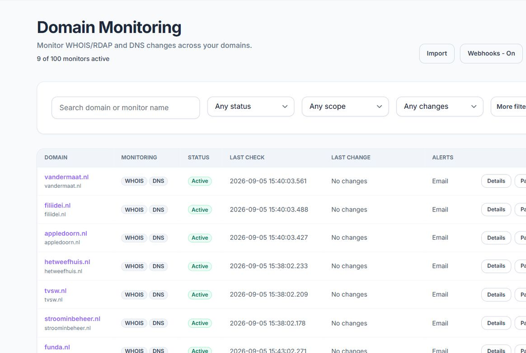 WhoisJsonAPI Domain Monitoring dashboard with search, status, scope, change filters, and active domain monitors