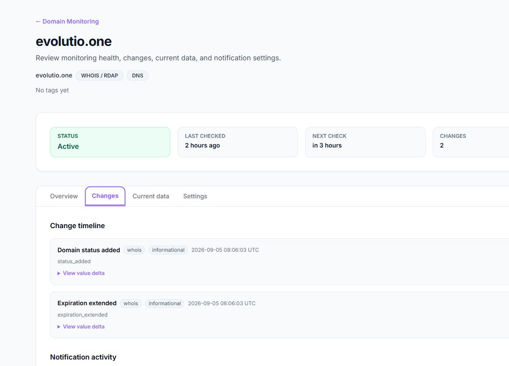 Monitoring change timeline showing domain status and expiration events with severity labels and value delta links