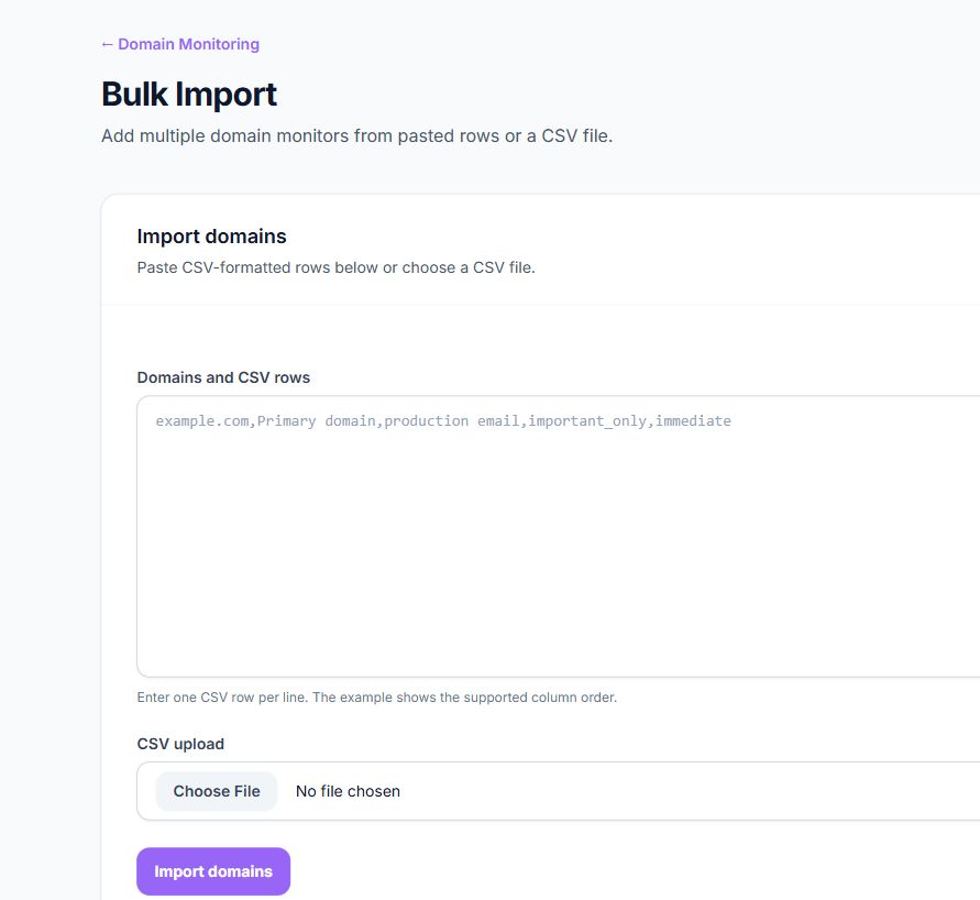 Domain Monitoring Bulk Import page with CSV rows field and CSV file upload control