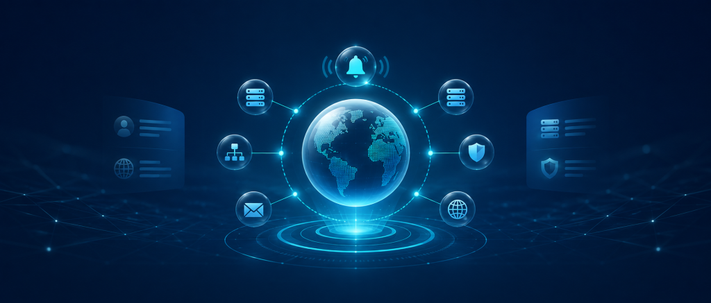 Illustration of a monitored globe connected to WHOIS, RDAP, DNS, security, and alert signals